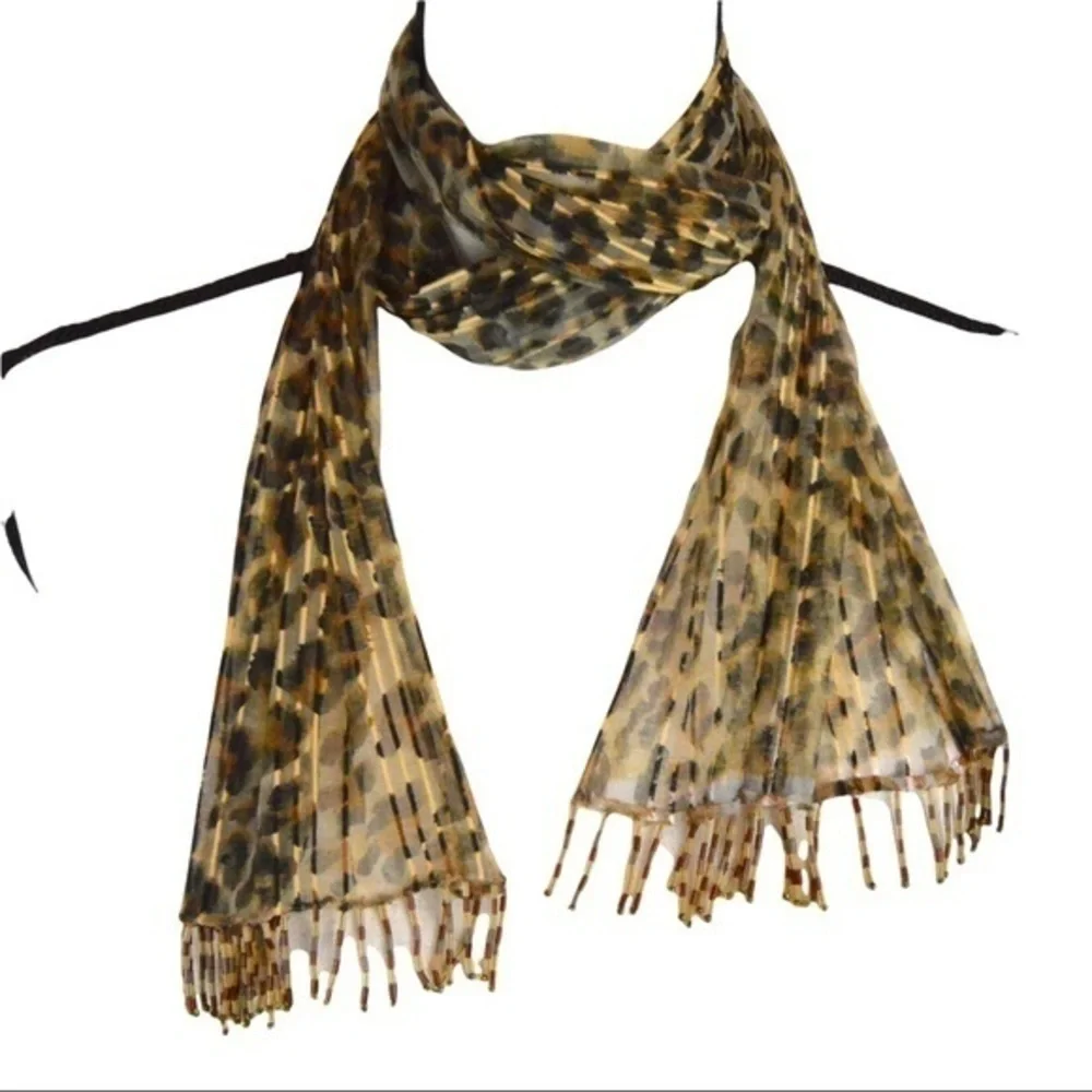 Delicate‎ Sheer Leopard Print Subtle Stripe Beaded Fringe Neck Scarf